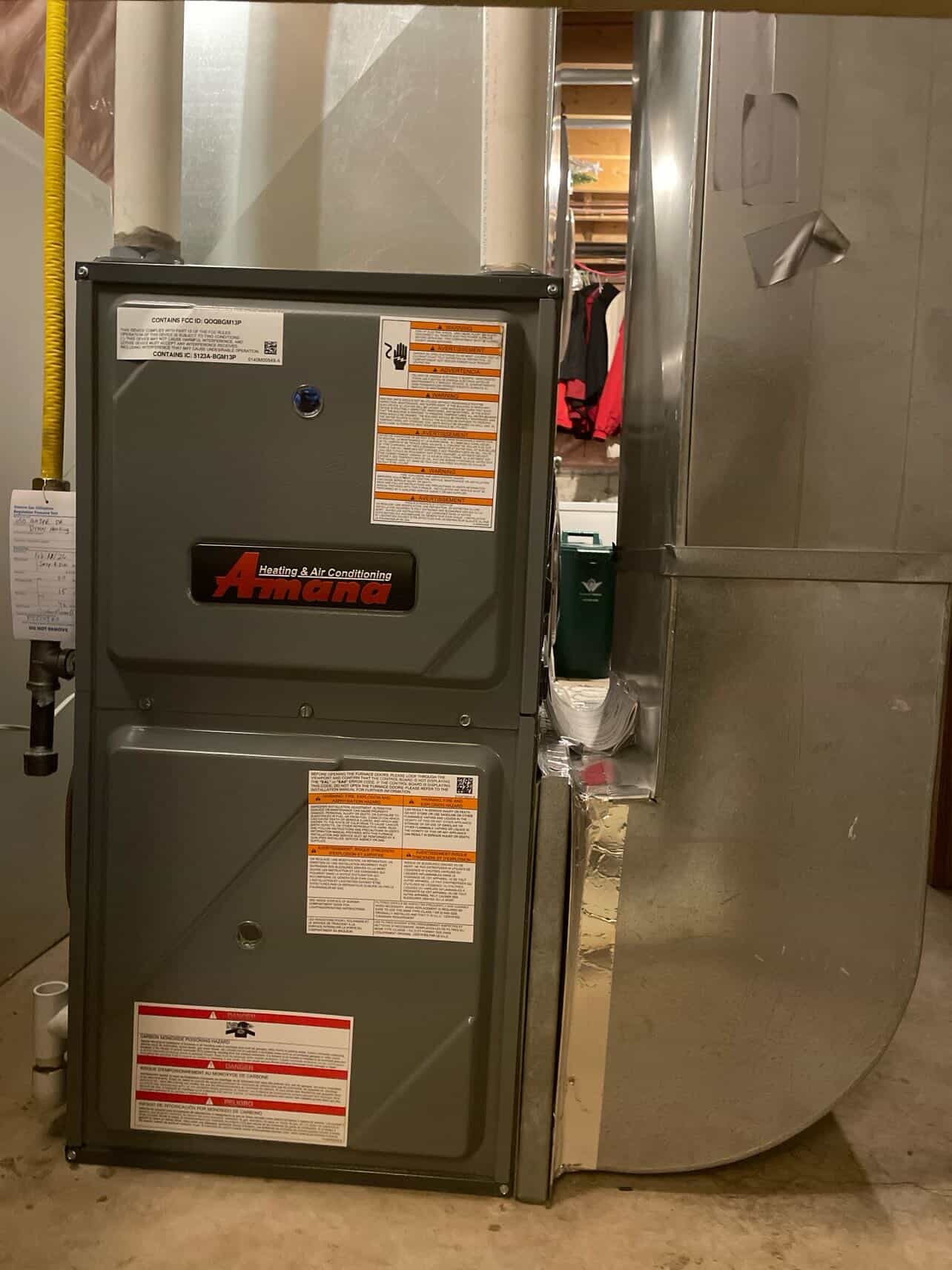 High-efficiency Amana furnace installed by Draco Heating and Cooling in a Kitchener home