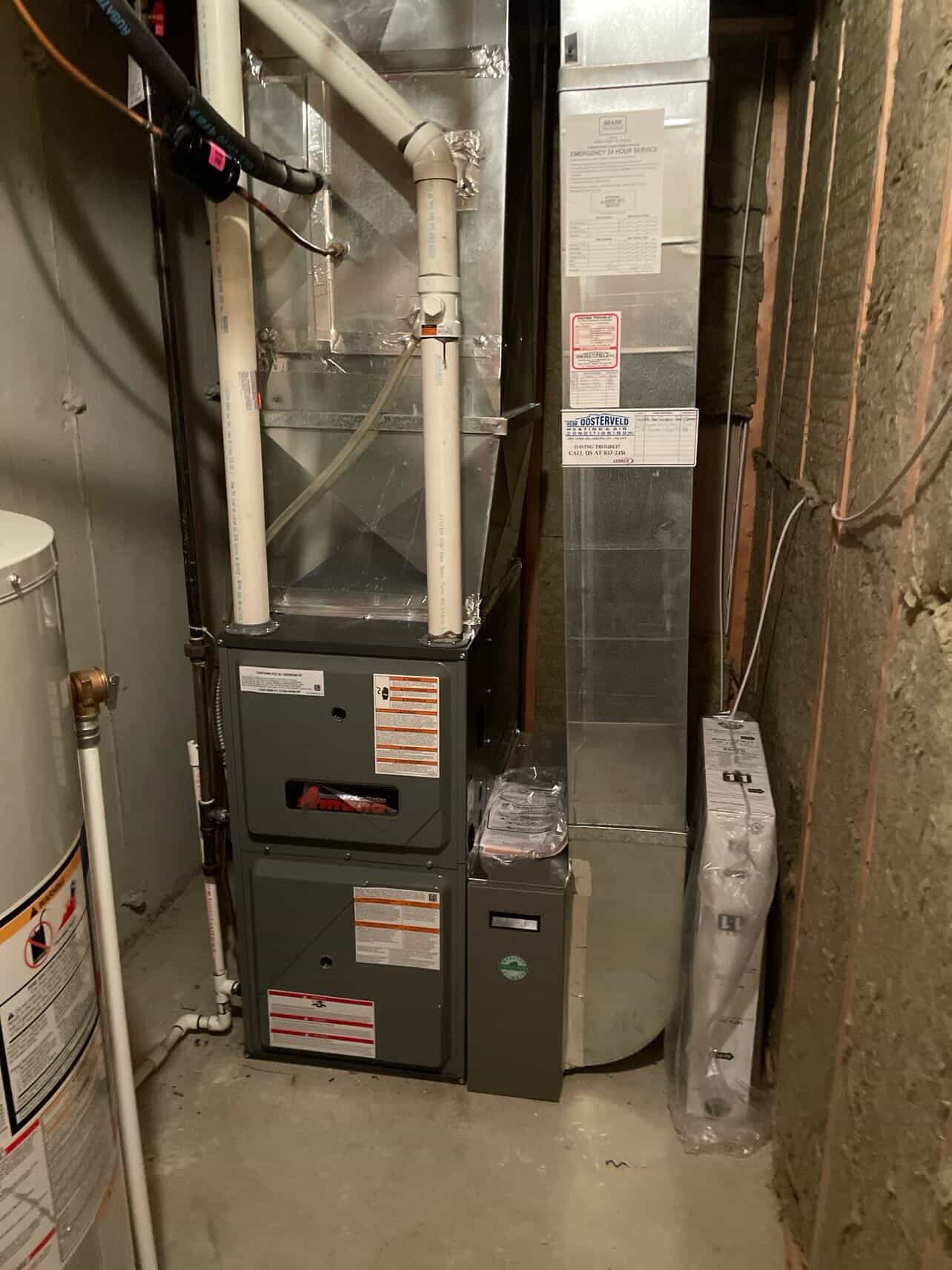 Amana two-stage furnace installation with new venting in tight utility closet