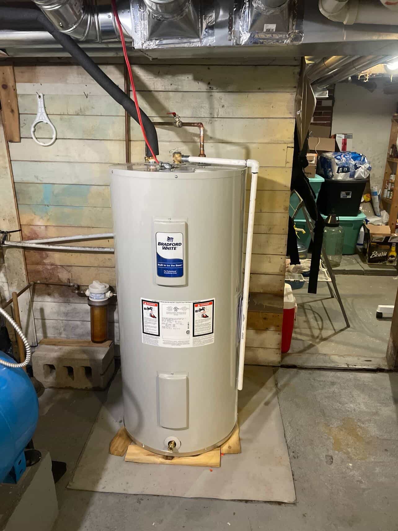 Bradford White electric water heater installation with clean copper plumbing